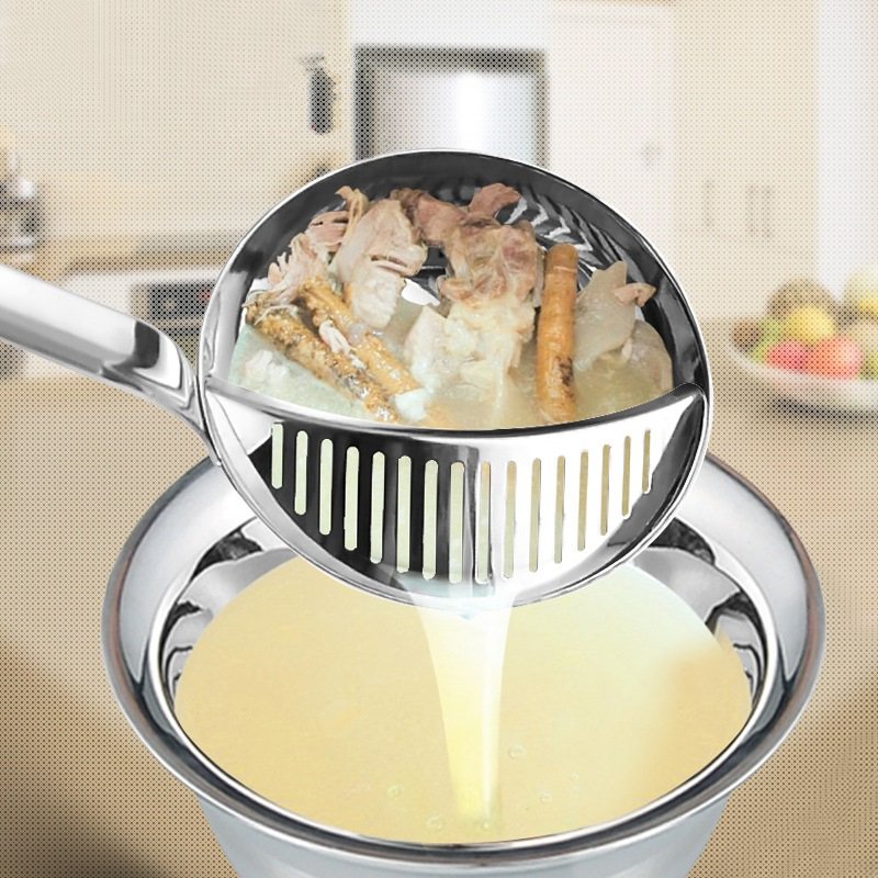 304 Stainless Steel Kitchen Bar Thick Large Ladle Spoon 2in1 Filter Soup Residue