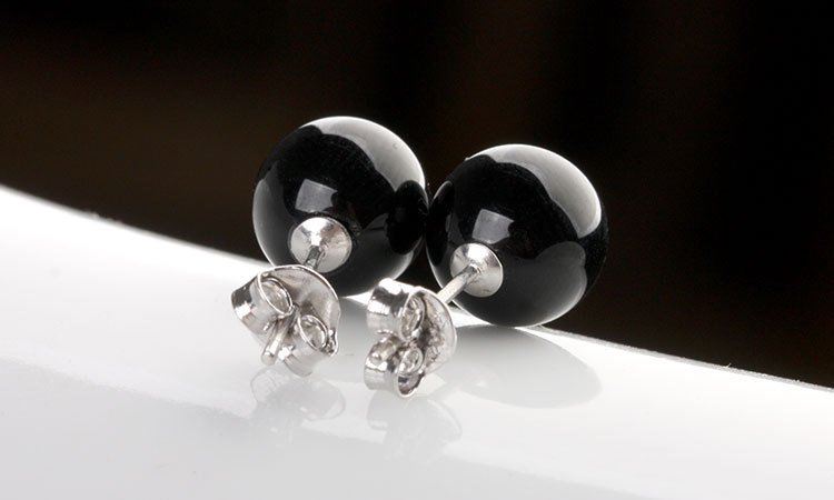 Women Black Hypoallergenic Sterling Silver Natural Agate Onyx Ball Earrings