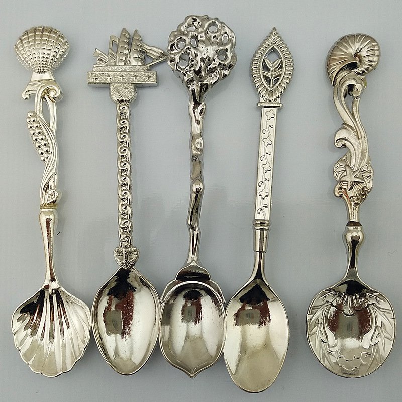 COLOR SILVER 5 Pcs/Set Alloy Vintage Small Creative Retro Style Coffee Tea Spoon