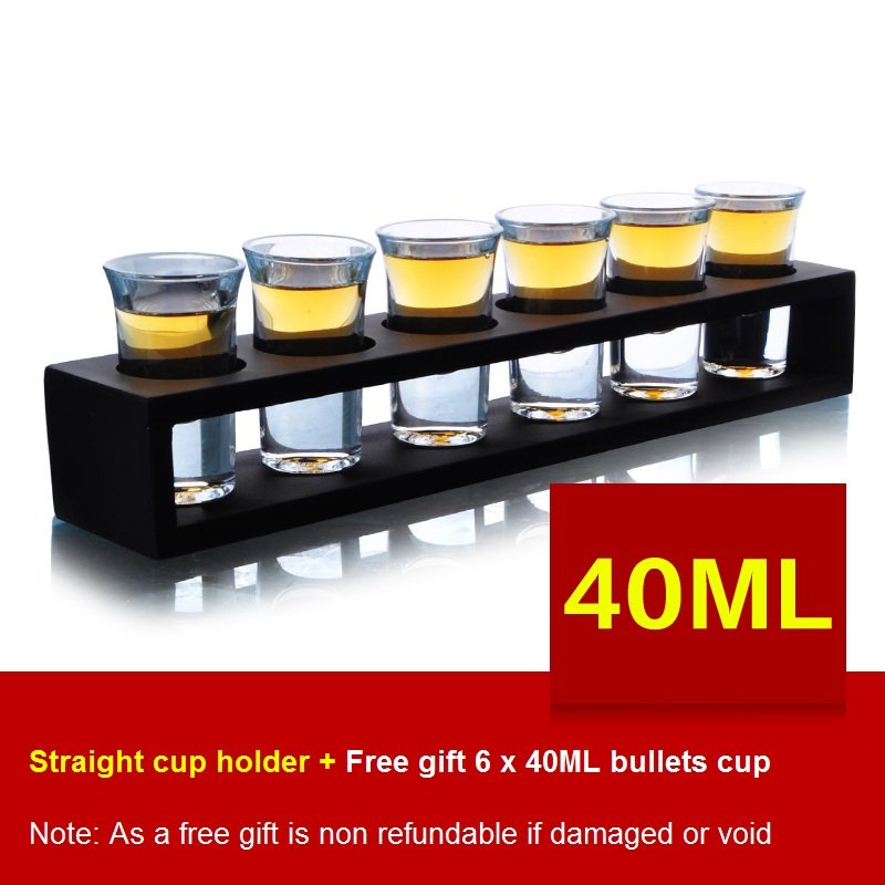 Straight Wooden Tray Bar Club Small Bullets Cup Holder 6 Holes + Gift 40ml Glass