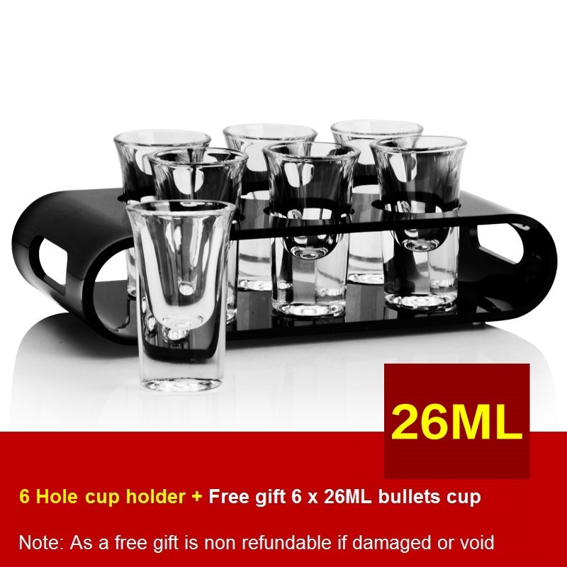 Black U-Shaped Tray Bar Club Small Bullets Cup Holder 6 Holes + Gift 26ml Glass