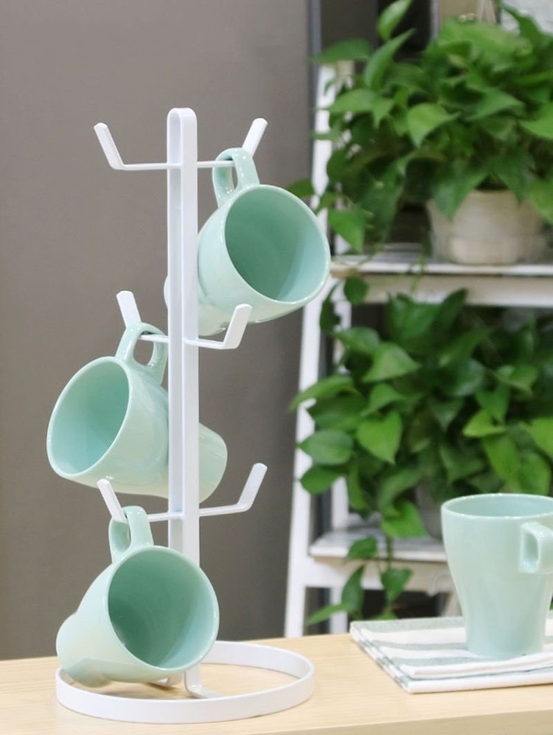 Metal Coffee Mug Tree Stand Office Tea Water Hang Cup Holder Storage Rack 6 Hook
