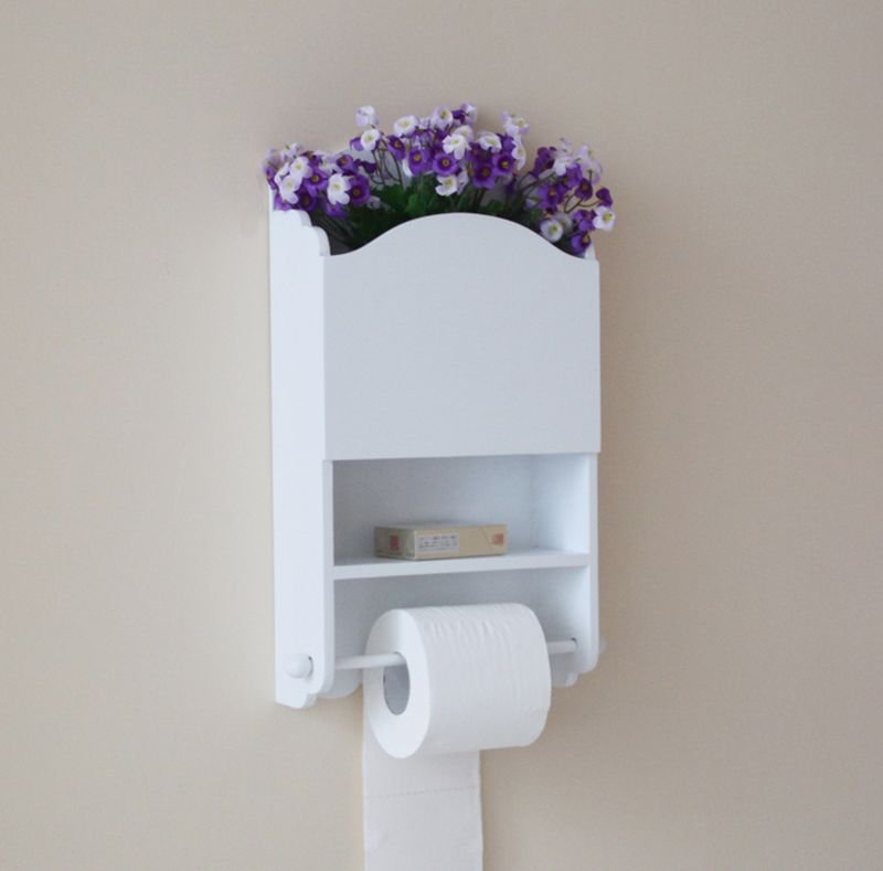 Wooden Bathroom Toilet Paper Towel Holder Mobile Phone Shelf Magazines Wall Rack