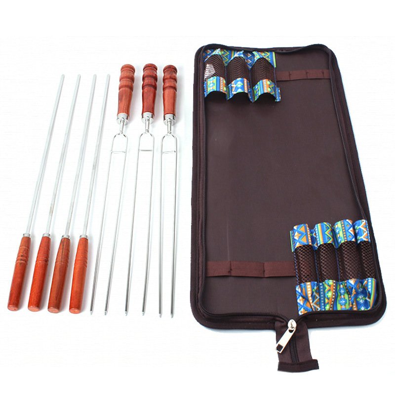 Barbecue Stainless Steel Roast Pin Skewer U-Shaped Wooden Handle Picnic 7PCS/Set