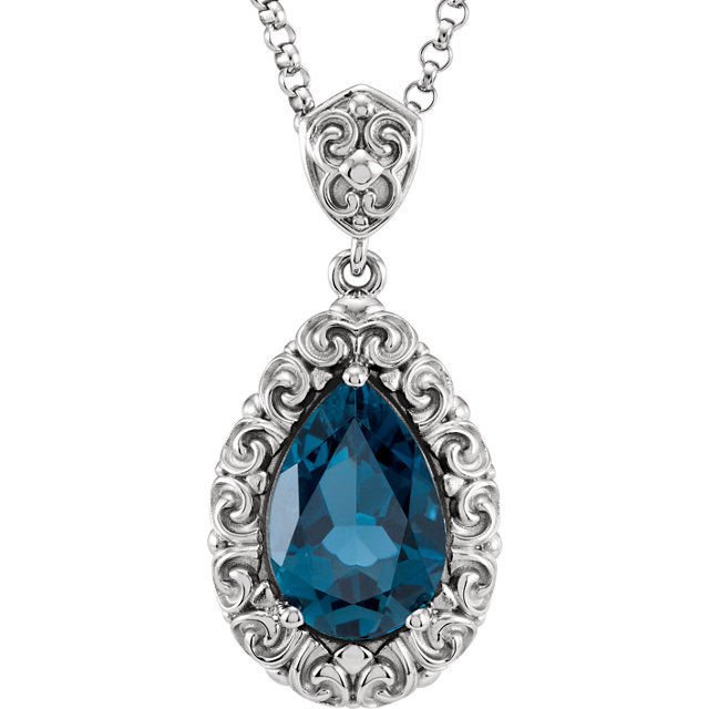 Women's 14k White Gold Vintage Pear Shape London Blue Topaz Pendant