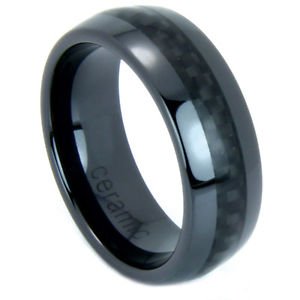 Men's Black Ceramic Domed Wedding Band Ring with Black Carbon Fiber Inlay