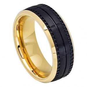 Men's Two Tone Gold and Black Tungsten Carbide Wedding Band with Groove Design
