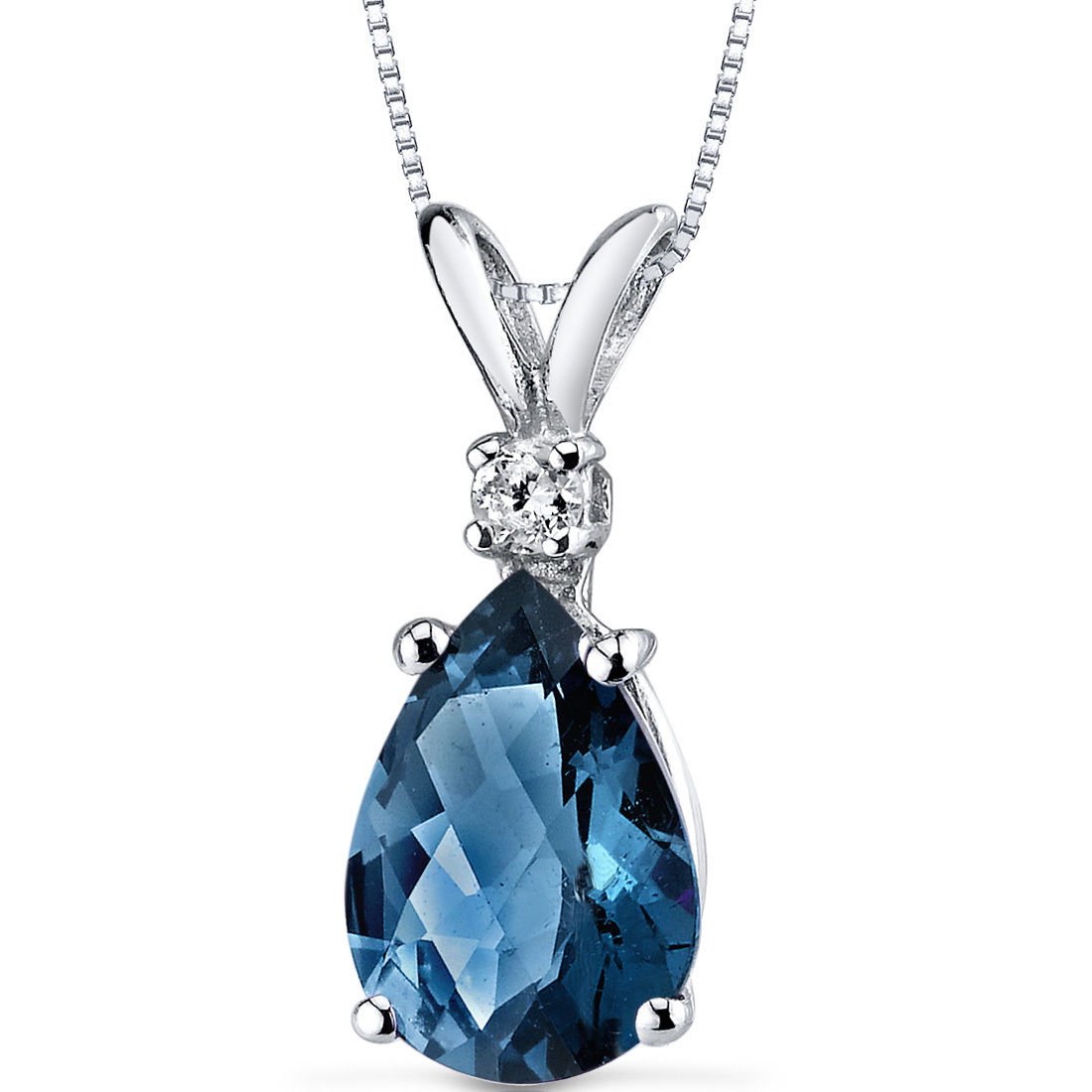 14k White Gold Pear Shape London Blue Topaz and Diamond Pendant Necklace