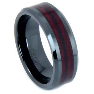 Men's Black Ceramic Beveled Edge Wedding Band Ring with Rosewood Inlay