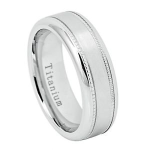 Men's White Titanium Wedding Band Ring with Brushed Center and Milgrain Finish