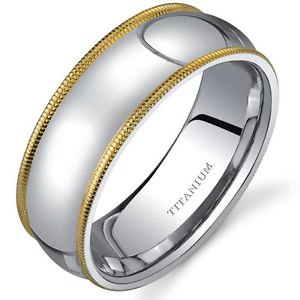 Men's Titanium Wedding Band Ring with Yellow Gold Milgrain Finish