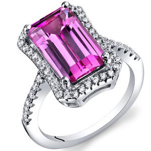Women's Sterling Silver Emerald Cut Pink Sapphire Halo Ring