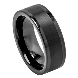 Men's 8mm Flat Black Tungsten Carbide Wedding Band Ring Satin Center Finish