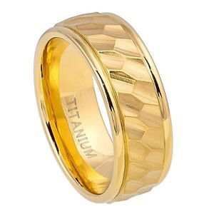 Men's Gold Tone Titanium Wedding Band Ring with Carved Hexagonal Design Center