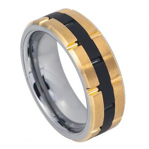 Men's Two Tone Gold and Black Tungsten Carbide Wedding Band with Brick Design