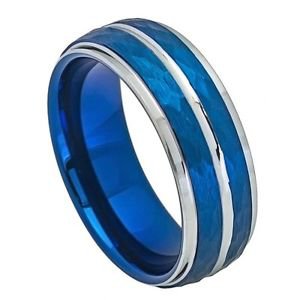 Mens Two Tone Blue Hammered Tungsten Carbide Wedding Band Ring
