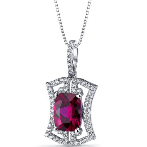 Women's Sterling Silver Cushion Ruby Art Deco Pendant Necklace