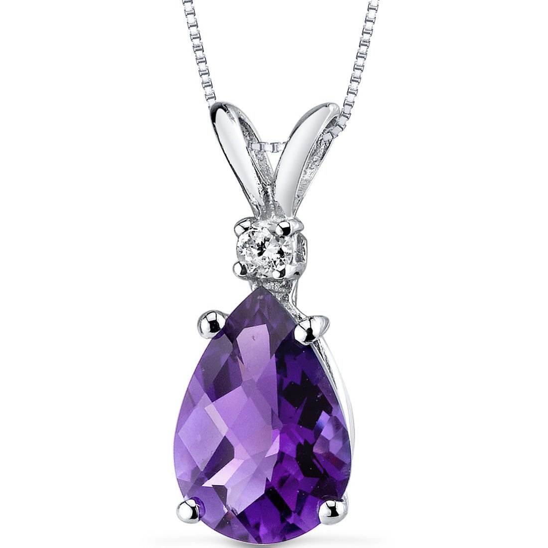 14k White Gold Pear Shape Genuine Amethyst and Diamond Pendant Necklace