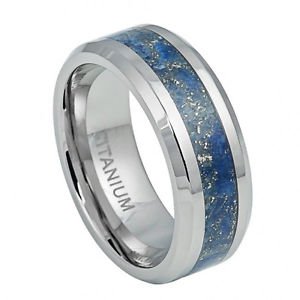 Men's Titanium Wedding Band with Royal Blue Specks River Stone Inlay