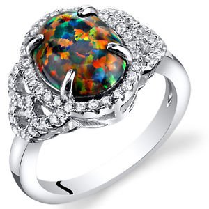 Women's Sterling Silver Oval Black Opal Halo Ring