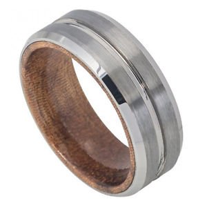 Men's Tungsten Carbide Grooved Wedding Band African Sapele Mahogany Wood Inlay