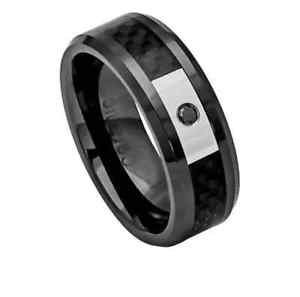 Men's 8mm Black Ceramic Wedding Band Ring Black Diamond Carbon Fiber Inlay