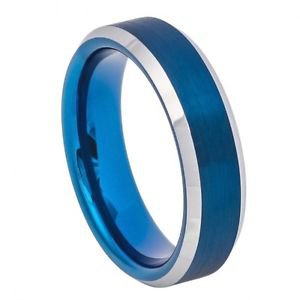 Men's Blue Tungsten Carbide Wedding Band Ring Beveled Edge Design 6mm Width