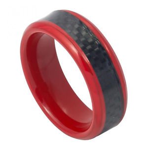 Men's Red Tungsten Carbide Wedding Band Ring Black Carbon Fiber Inlay