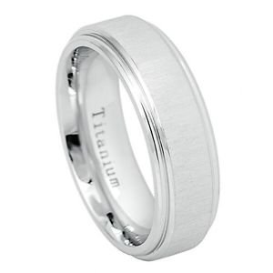 Men's White Titanium Wedding Band Ring with Brushed Center and Step-Down Edge De
