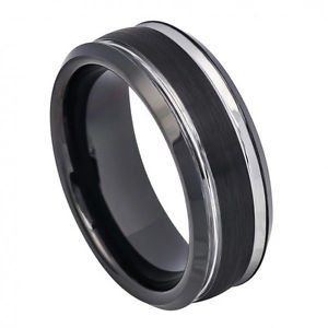Men's 8mm Black Tungsten Carbide Wedding Band Ring Satin Finish and Polished Str