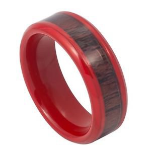 Men's Red Tungsten Carbide Wedding Band Ring Hawaiian Koa Wood Inlay