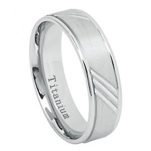 Men's White Titanium Wedding Band Ring with Diagonal Groove Design
