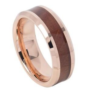 Men's Rose Gold Tungsten Carbide Wedding Band Ring Hawaiian Koa Wood Inlay