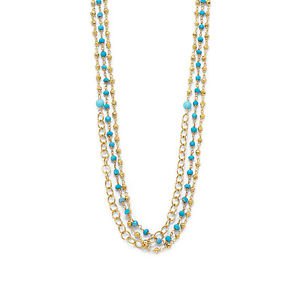 Sterling Silver Triple Strand Gold Tone Turquoise Multistone Necklace
