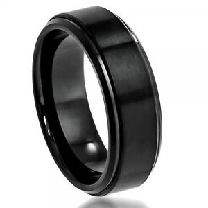 Men's 8.0mm Black Cobalt Wedding Band Ring with Brushed Finish and Step Down Edg