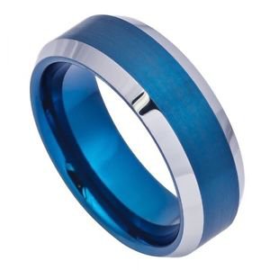 Blue Tungsten Carbide Wedding Band Ring Beveled Edge Design 8mm Width