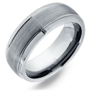 Men's Tungsten Carbide Domed Wedding Band with Grooved Design and Satin Finish