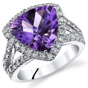 Sterling Silver Trillion Genuine Amethyst and Ring w/ Halo Design