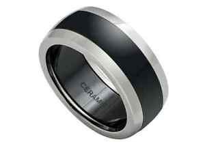 Men's High Polished Black Ceramic and Titanium Wedding Band Ring 9mm Width