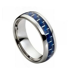 Men's Tungsten Carbide Wedding Band with Blue Carbon Fiber Inlay Comfort fit