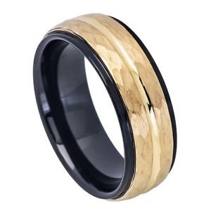 Mens Tungsten Wedding Band Ring black Yellow Gold Hammered Comfort Fit