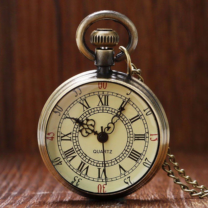 Archaize Antique Style Bronze Roman Numerals Dial Vintage Pocket Watch Clock Necklace