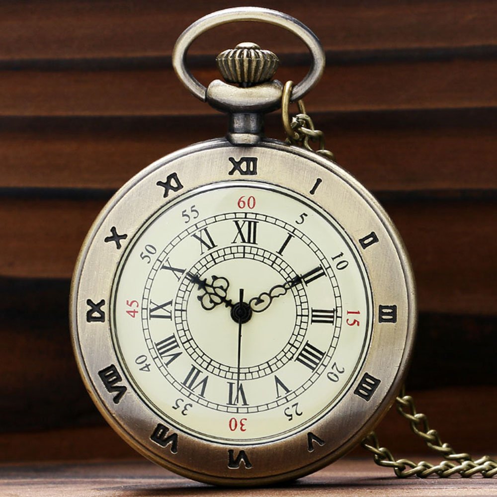 Simple Roman Number Dial Copper Quarzt Pocket Watch Unisex Vintage Necklace Pendant