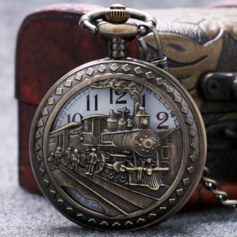 Steam Train Pocket Watch Silver Railway Design Retro Quartz Watches Men Kid Gift