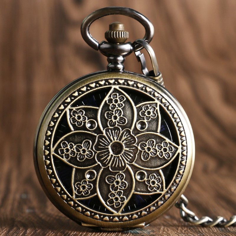 Elegant Lotus Flower Mechanical Hollow Pocket Watch Bronze Copper Hand-winding Women Watch