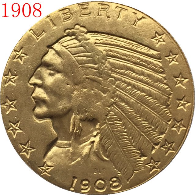 1 Pcs 24-K gold plated 1908 $5 GOLD Indian Half Eagle Coin Copy