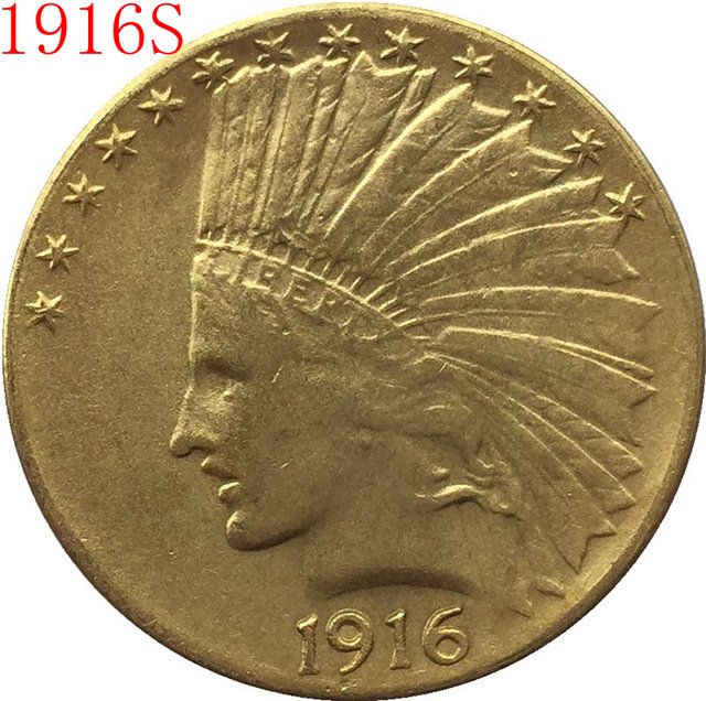 1 Pcs 24-K gold plated 1916-S $10 GOLD Indian Half Eagle Coin Copy