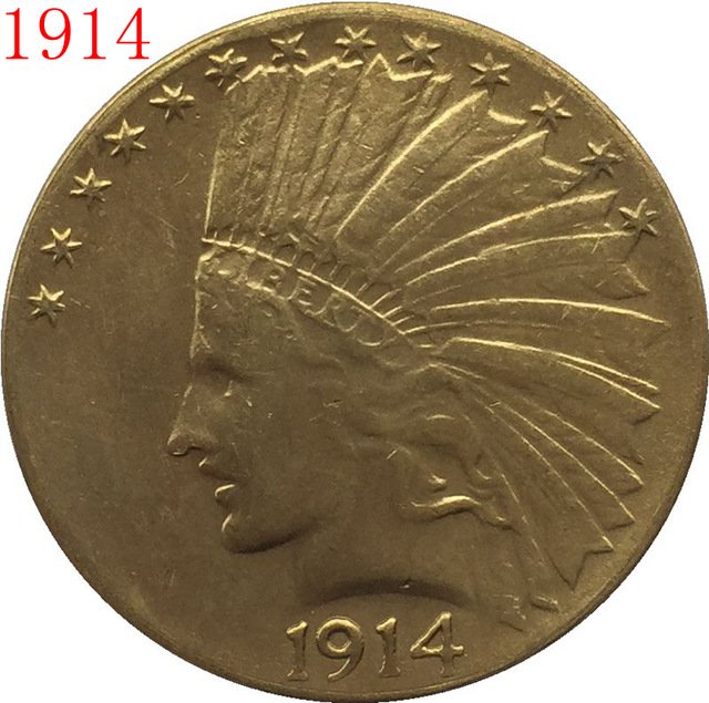 1 Pcs 24-K gold plated 1914 $10 GOLD Indian Half Eagle Coin Copy