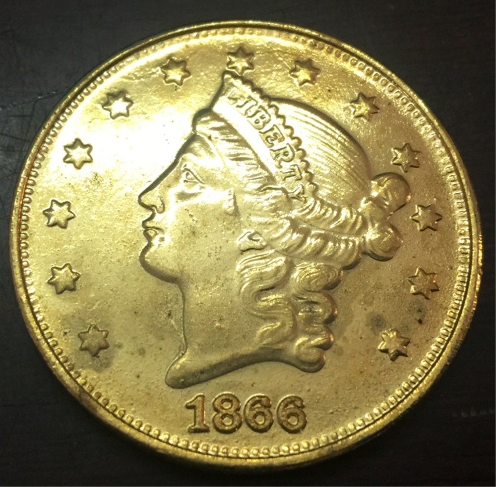1866-S United States LIBERTY HEAD (NO MOTTO ON REVERSE) $20 Gold Plated Copy Coin