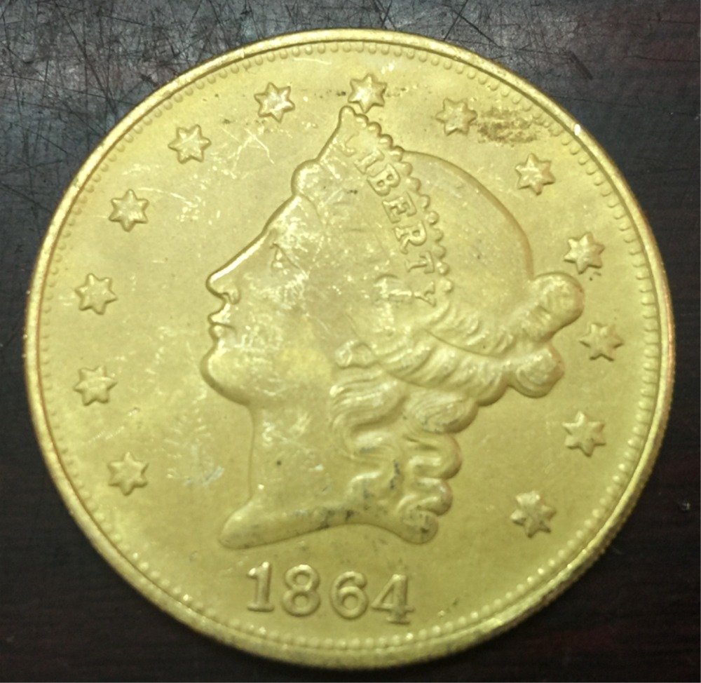 1864 United States LIBERTY HEAD (NO MOTTO ON REVERSE) $20 Gold Plated Copy Coin